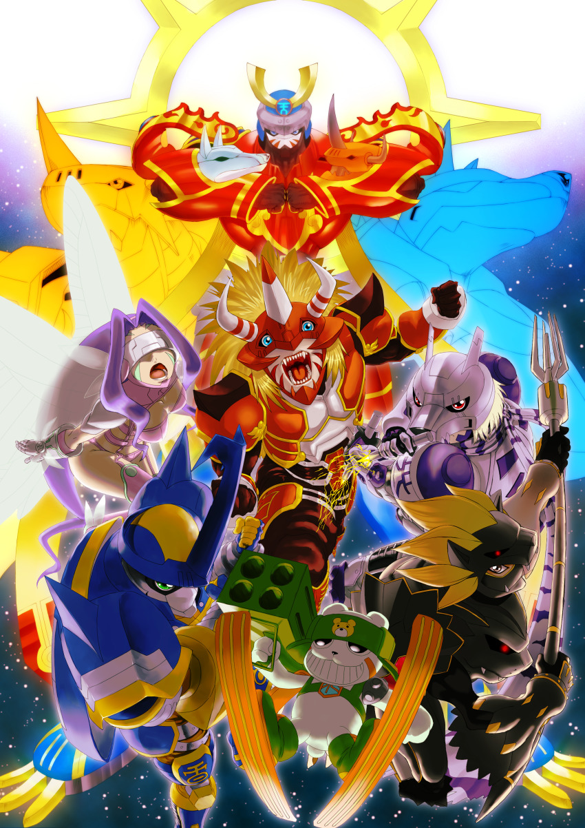 00s 1girl 6+boys absurdres agnimon armor blitzmon breasts chackmon cleavage covered_eyes curvy digimon digimon_frontier everyone fairimon fairy_wings fusion green_eyes highres holding holding_weapon kaisergreymon kumamon louwemon magnagarurumon monster_girl multiple_boys red_eyes sharp_teeth smile susanoomon teeth weapon wings wolfmon