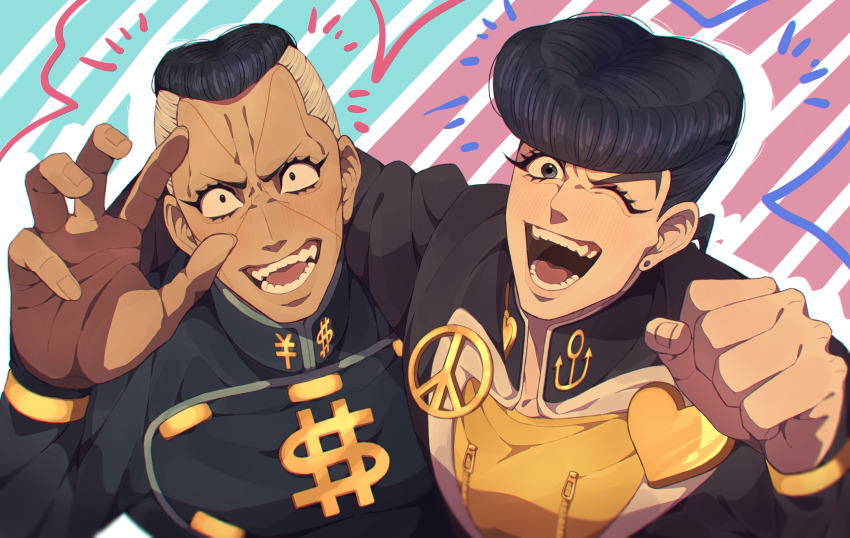 2boys absurdres anchor_symbol black_eyes black_hair clenched_hand diamond_wa_kudakenai dollar_sign facial_mark gakuran grey_hair higashikata_josuke highres jojo_no_kimyou_na_bouken looking_at_viewer male_focus multicolored_hair multiple_boys nijimura_okuyasu open_mouth outstretched_hand peace_symbol pompadour school_uniform siniy teeth two-tone_hair yen_sign