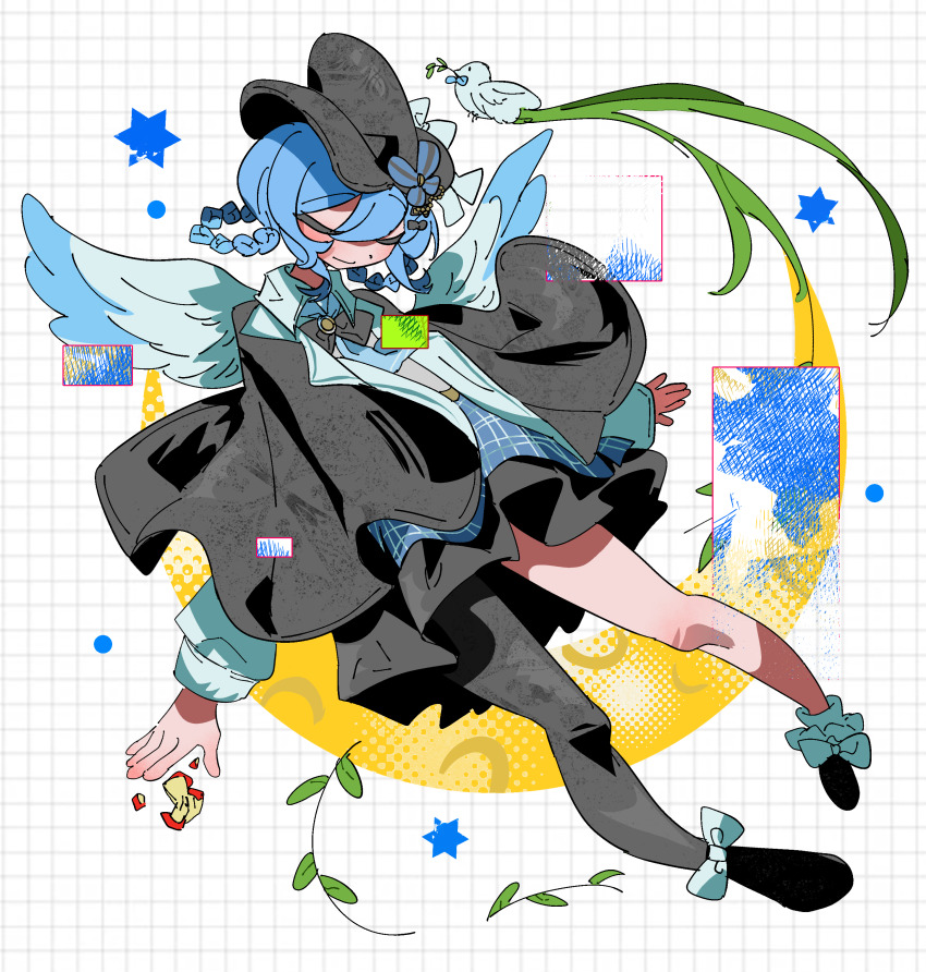 1girl absurdres apple asymmetrical_legwear bird bitten_apple black_capelet black_hat black_shoes blue_hair blue_skirt braid braided_hair_rings capelet chinese_commentary closed_eyes closed_mouth commentary_request deerstalker feathered_wings food food_bite fruit full_body hair_rings hat highres kun_yi_xunhuan layered_skirt long_sleeves magical_girl mahou_shoujo_no_majo_saiban pleated_skirt shoes short_hair single_leg_pantyhose skirt smile solo tachibana_sherry white_wings wings