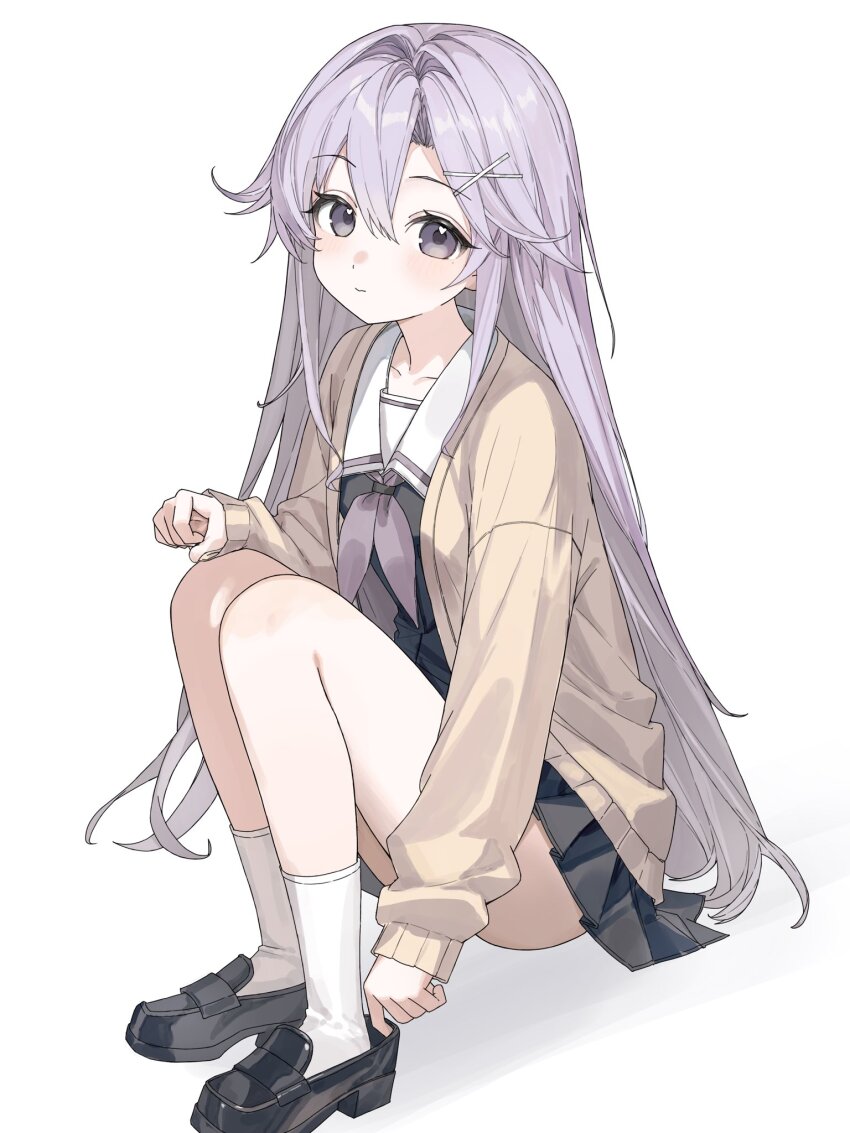 1girl cardigan collarbone commentary green_eyes highres karyln loafers long_hair looking_at_viewer neckerchief original pleated_skirt purple_hair purple_neckerchief sailor_collar school_uniform serafuku shoes sitting skirt socks solo very_long_hair white_background white_socks
