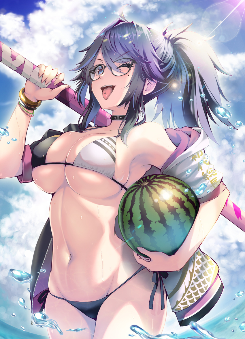 1girl bikini black_hair blue_eyes bokken bracelet breasts choker cleavage cloud cloudy_sky cowboy_shot day fang food fruit gold_bracelet highres holding holding_food holding_fruit holding_watermelon holding_weapon indie_virtual_youtuber jacket jewelry kson kubota_masaki large_breasts lens_flare mole mole_under_eye navel off_shoulder one_eye_closed open_mouth piercing ponytail sideboob sidelocks skindentation sky solo souchou splashing stomach studded_choker sunlight swimsuit sword teeth tongue tongue_out tongue_piercing v-shaped_eyebrows virtual_youtuber water water_drop watermelon weapon wooden_sword