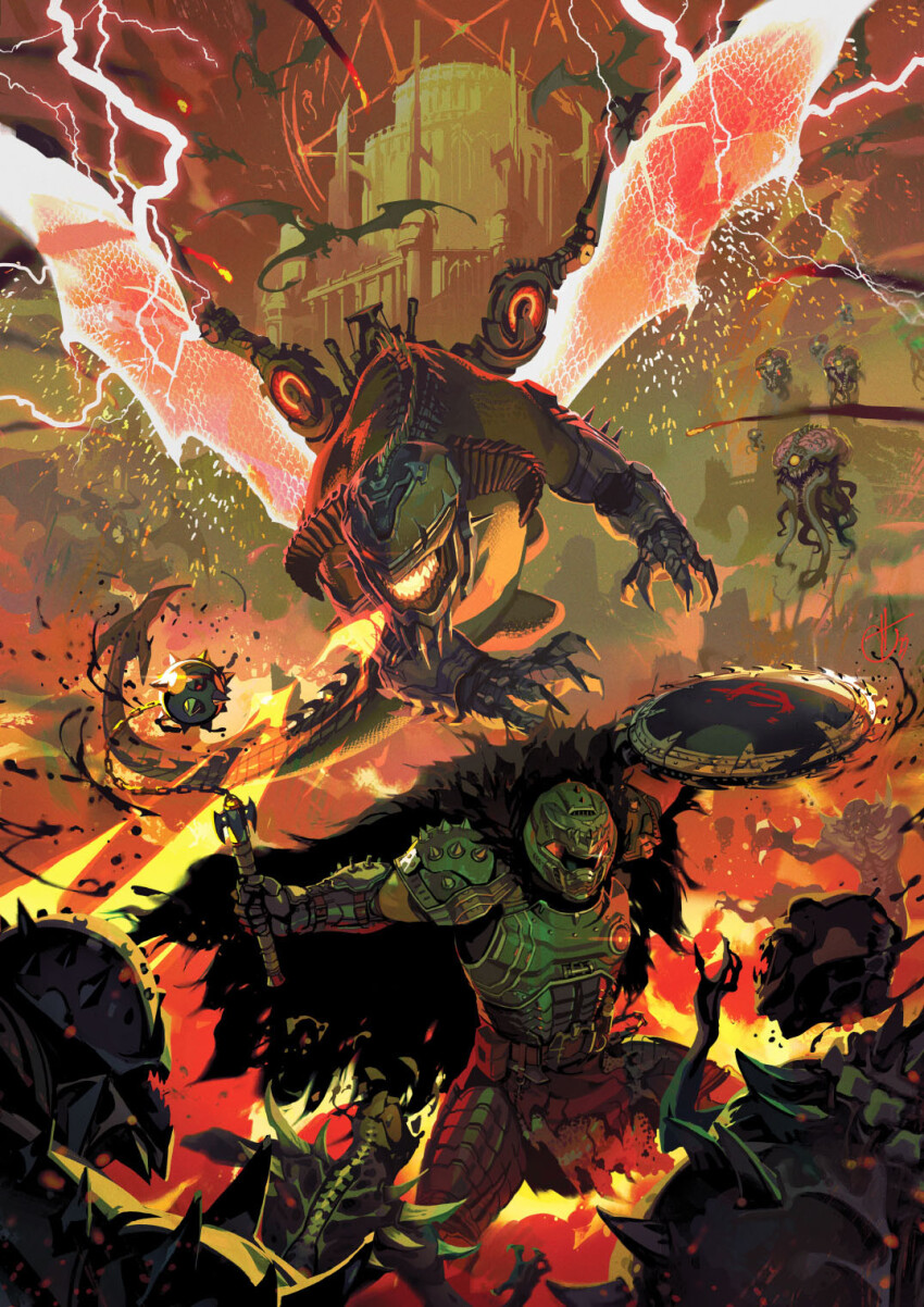 1boy armor battle cacodemon cape doom:_the_dark_ages doom_(series) doomguy dragon energy_wings flail fur_cape highres imp_(doom) mark_of_the_doom_slayer melee non-humanoid_robot robot robot_dragon shield spiked_pauldrons swinging_weapon toni_infante weapon