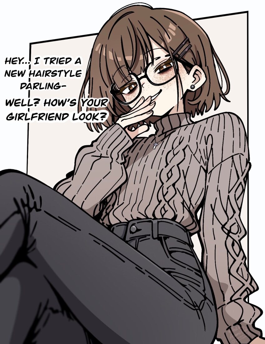 1girl asami-chan black-framed_eyewear black_pants bright_pupils brown_eyes brown_hair cross cross_necklace earrings english_text freckles from_below grin hair_ornament hairclip highres hozuki_asami_(asami-chan) jewelry long_sleeves looking_at_viewer necklace original pants short_hair sitting smile solo sweater turtleneck turtleneck_sweater