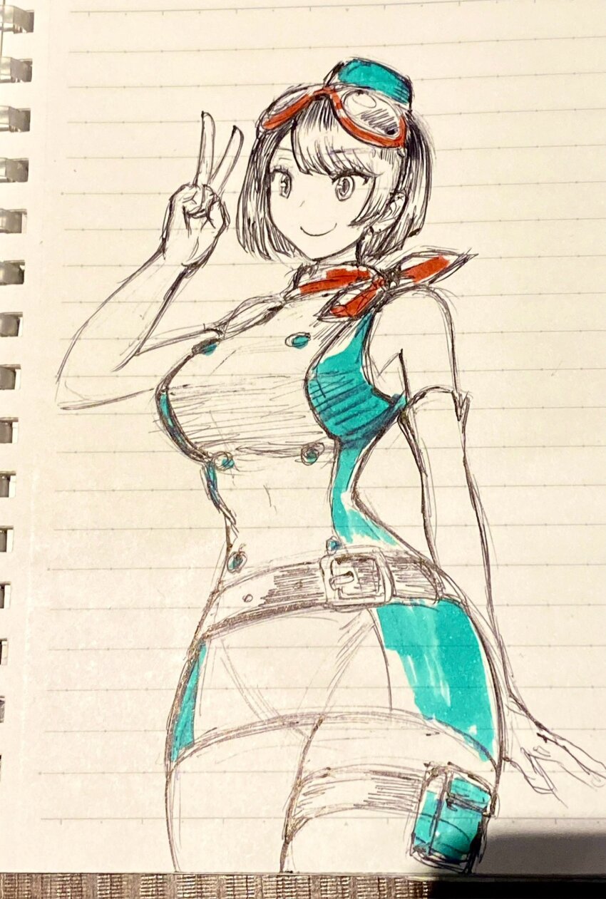 1girl bare_shoulders black_eyes black_hair breasts cowboy_shot curvy digimon digimon_story:_time_stranger dress elbow_gloves gloves goggles goggles_on_head green_dress green_hat hand_on_own_hip hat highres large_breasts mas_square photo_(medium) red_scarf scarf short_hair simple_background single_thighhigh smile solo sparkle thighhighs traditional_media two-tone_dress v white_dress white_gloves wide_hips yuuki_kanan