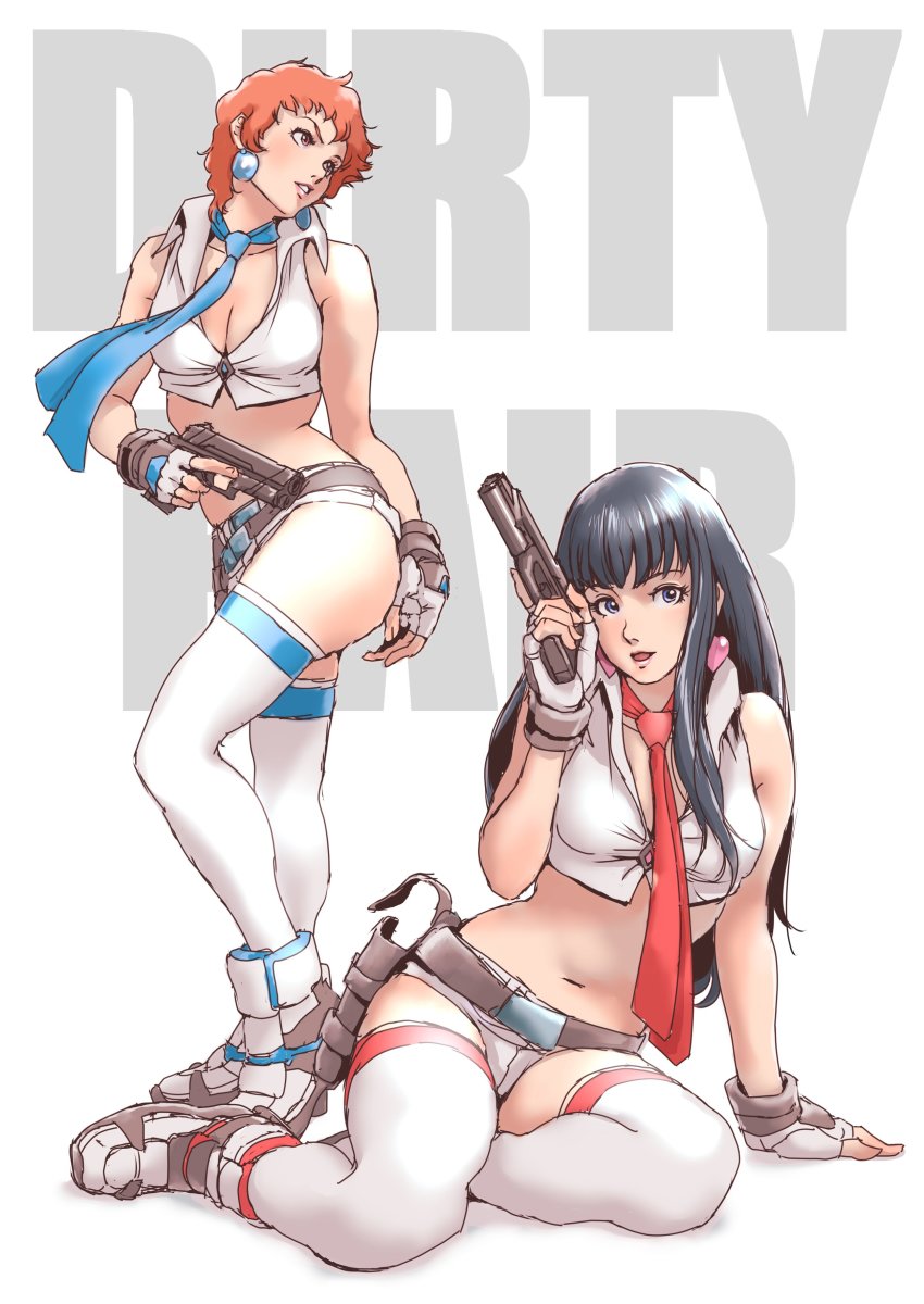 2girls absurdres belt black_hair blue_eyes breasts cleavage copyright_name dirty_pair dirty_pair_(novels) earrings fingerless_gloves gloves gun handgun highres holster jewelry kei_(dirty_pair_novels) long_hair medium_breasts micro_shorts midriff multiple_girls navel necktie open_mouth orange_eyes orange_hair pink_lips pistol short_hair shorts teikoku_jokyoku trigger_discipline weapon yuri_(dirty_pair_novels)