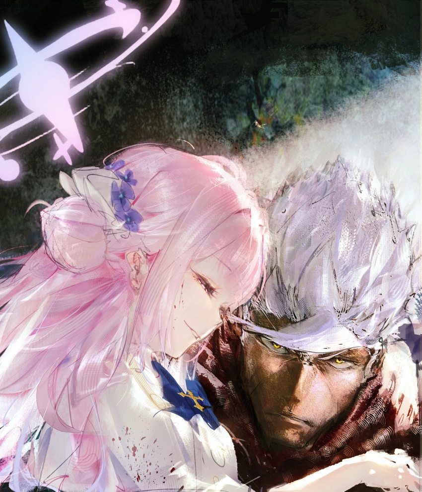 1boy 1girl absurdres arm_around_shoulder blood blood_on_clothes blood_on_face blue_archive blue_bow blue_bowtie bow bowtie cancer.b0ss closed_mouth commentary_request crossover dark-skinned_male dark_skin dress gundam gundam_tekketsu_no_orphans hair_bun half-closed_eyes halo hand_on_another&#039;s_shoulder highres long_hair looking_at_viewer mika_(blue_archive) orga_itsuka pink_hair pink_halo single_hair_bun single_side_bun smile spiked_hair white_dress white_hair yellow_eyes