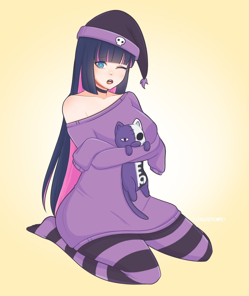 1girl artist_name commentary english_commentary highres honekoneko_(psg) lunarpix_(artist) panty_&amp;_stocking_with_garterbelt stocking_(psg) striped_clothes striped_thighhighs stuffed_animal stuffed_cat stuffed_toy thighhighs