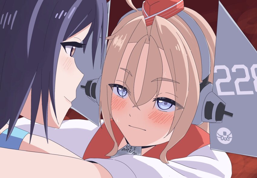 1boy 1girl admiral_(kancolle) bell brown_hair coat drum_(kancolle) garrison_cap grey_eyes hair_between_eyes hashtag-only_commentary hat head_only headgear highres hug kantai_collection l_meet long_hair neck_bell red_hat upper_body white_coat