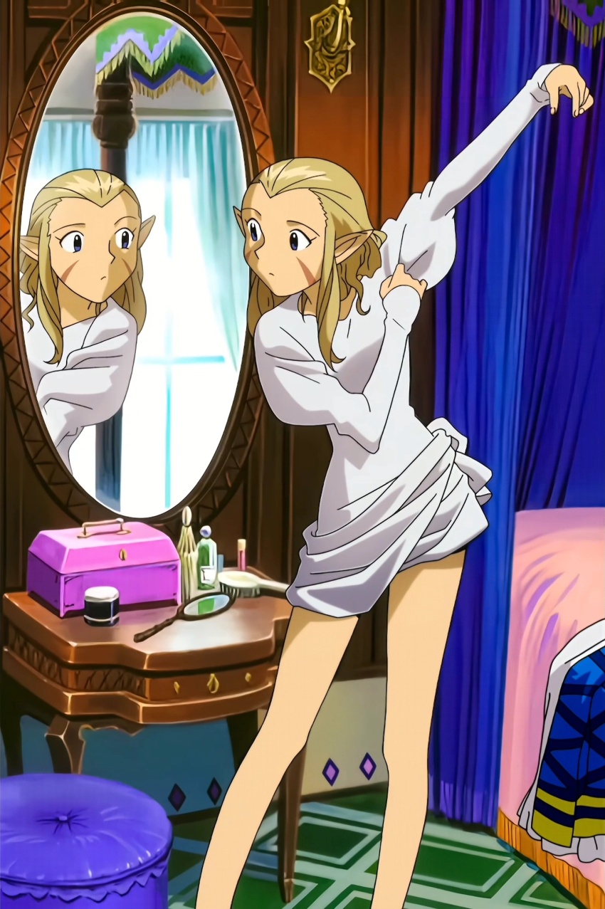 bed bedroom blonde_hair blush bromide dress facial_mark highres indoors jessica_de_alkirk long_legs looking_at_mirror lunar lunar:_the_silver_star mirror official_art pointy_ears reflection white_dress