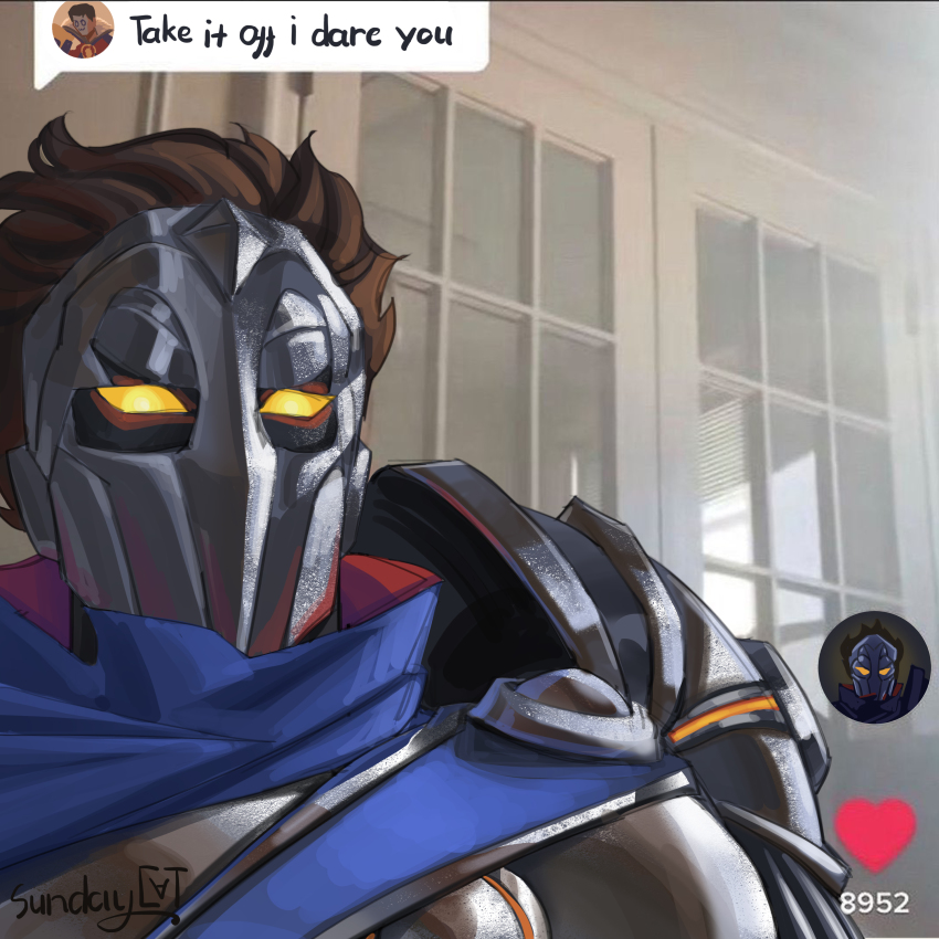 1boy absurdres armor artist_name blue_cape brown_hair cape cover_them_up_slut_(meme) heart highres jayce_(league_of_legends) league_of_legends looking_at_viewer male_focus mask meme portrait short_hair shoulder_armor solo sundaycat3 viktor_(league_of_legends) window