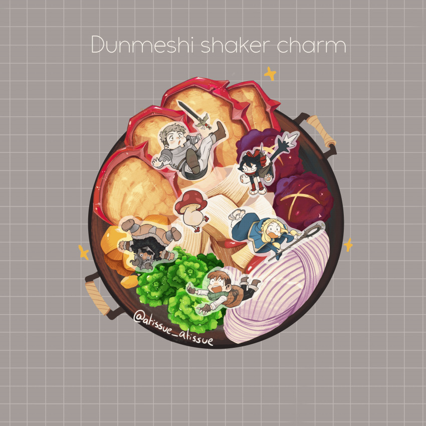 2girls 3boys :o absurdres animated animated_gif atissueatissue beard bowl bulge chilchuck_tims dungeon_meshi dwarf facial_hair fake_horns falling food_focus helmet highres horned_helmet horns izutsumi laios_touden loincloth long_beard marcille_donato merchandise_available mini_person miniboy minigirl multiple_boys multiple_girls mustache rearing senshi_(dungeon_meshi) shouting sword tearing_up thick_mustache upside-down very_long_beard walking_mushroom_(dungeon_meshi) weapon