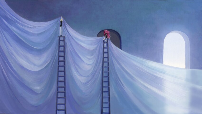 2others bike_shorts black_footwear black_jacket black_shorts curtains end_card gem_uniform_(houseki_no_kuni) houseki_no_kuni indoors jacket ladder morganite_(houseki_no_kuni) multiple_others nishikawa_youichi official_art on_ladder see-through_curtains shorts window yellow_diamond_(houseki_no_kuni)