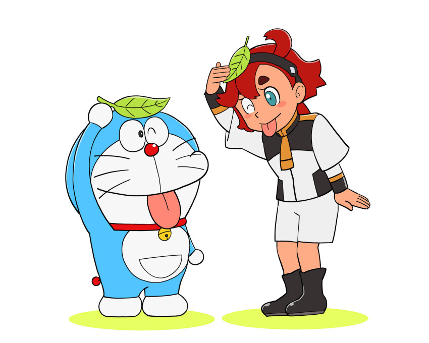1boy 1girl ;p asticassia_school_uniform black_footwear blue_eyes blush_stickers boots commentary_request crossover doraemon doraemon_(character) forehead fujiko_f_fujio_(style) full_body gundam gundam_suisei_no_majo hairband highres leaf leaf_on_head leaning_forward long_hair looking_at_viewer low_ponytail one_eye_closed parody parted_bangs ponytail red_hair school_uniform short_sleeves shorts sidelocks simple_background standing style_parody suletta_mercury thick_eyebrows tongue tongue_out ueyama_michirou white_background white_shorts