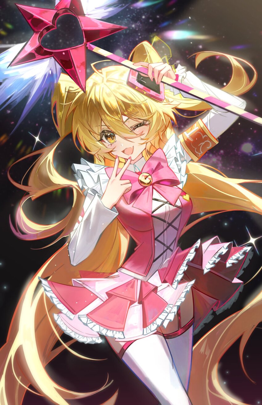 blonde_hair don_quixote_(project_moon) ellen6468 hair_between_eyes highres limbus_company long_hair looking_at_viewer magical_girl official_alternate_costume official_alternate_hairstyle one_eye_closed project_moon queen_of_hatred thighhighs thighs twintails wand white_thighhighs yellow_eyes