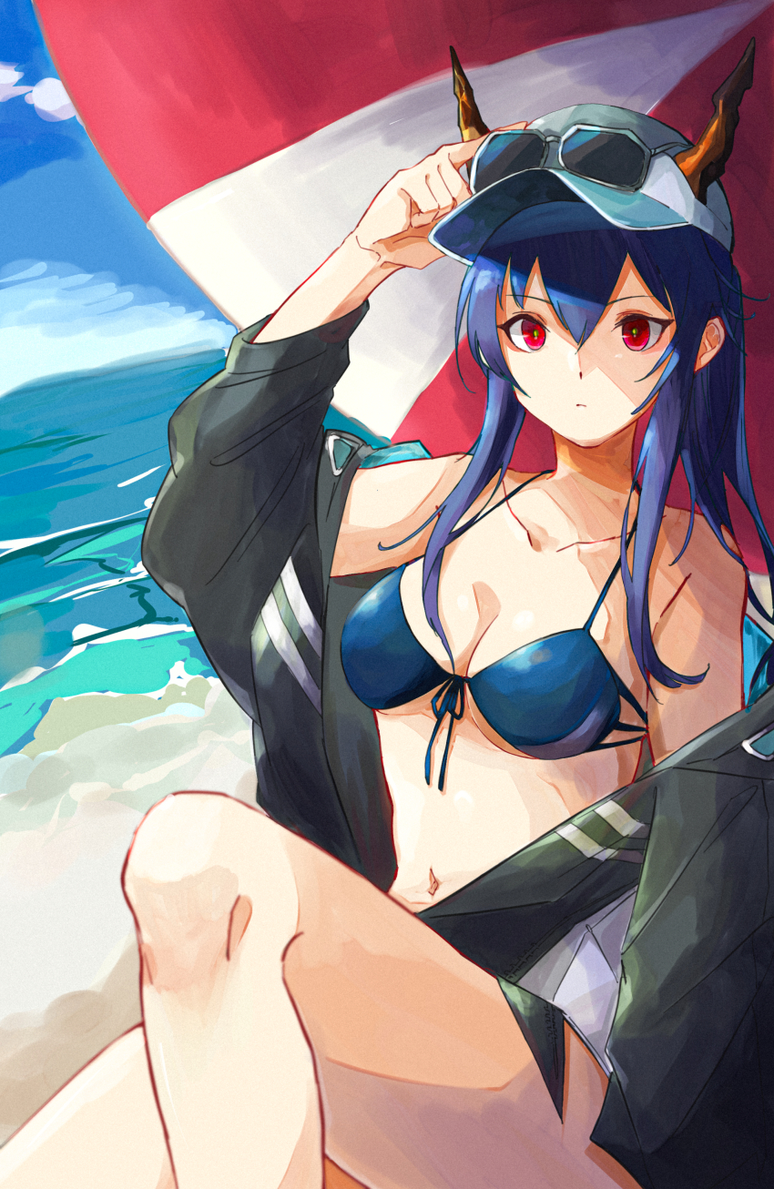 1girl absurdres aqua_hat arknights arm_up bare_shoulders baseball_cap beach bikini blue_bikini breasts ch&#039;en_(arknights) ch&#039;en_the_holungday_(arknights) closed_mouth collarbone day dragon_girl dragon_horns expressionless green_jacket green_pupils grey_hat hair_between_eyes hand_on_own_head harukan_tiusu hat highres horns horns_through_headwear jacket jacket_over_swimsuit knee_up long_hair long_sleeves looking_at_viewer medium_breasts navel ocean off_shoulder official_alternate_costume orange_horns outdoors purple_hair red_eyes solo sunglasses sunlight swimsuit unfinished