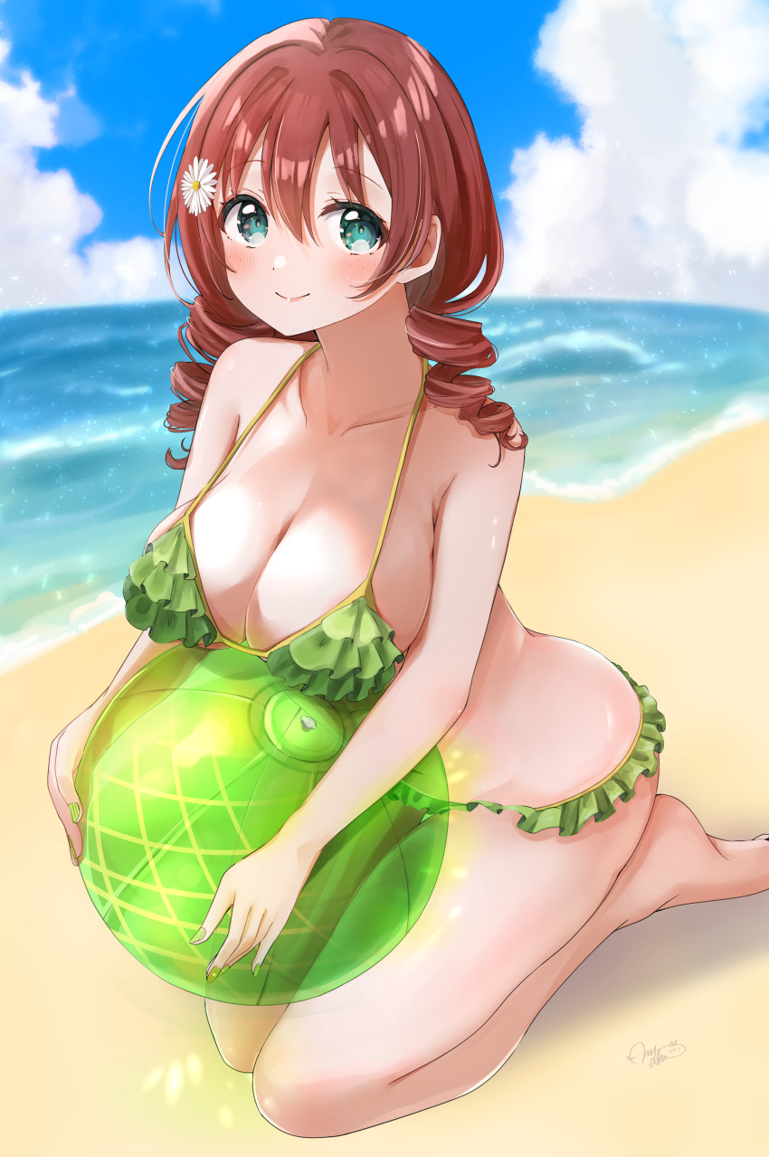 1girl absurdres aqua_eyes ball beach beachball bikini blue_sky breasts brown_hair cleavage closed_mouth cloud day drill_hair emma_verde flower frilled_bikini frills full_body green_bikini hair_flower hair_ornament highres holding holding_ball kneeling large_breasts leaning_forward love_live! love_live!_nijigasaki_high_school_idol_club nail_polish nyako_(utaneko31) ocean outdoors sky smile solo strap_gap swimsuit thighs twin_drills