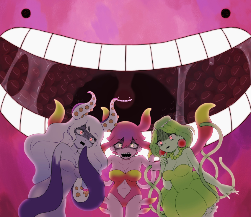 3girls bare_shoulders blonde_hair blue_skin breasts cleavage collarbone colored_skin earrings gradient_hair green_hair green_skin highres humphrey_(omori) jewelry large_breasts long_hair marina_(omori) medusa_(omori) miranosub molly_(omori) multicolored_hair multiple_girls navel necklace omori open_mouth pink_hair pink_skin red_eyes saliva saliva_trail sharp_teeth short_hair teeth tentacle_hair white_hair