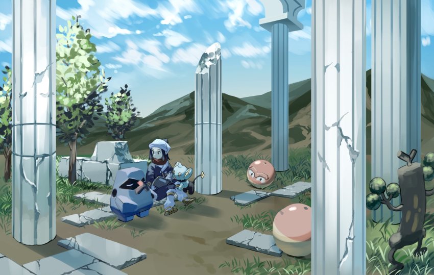 1girl akari_(pokemon) black_hair brown_footwear cloud commentary_request crack day gen_2_pokemon gen_3_pokemon gen_4_pokemon grass headscarf highres hisuian_voltorb jacket loose_socks nintendo nmn_0 nosepass outdoors pillar pokemon pokemon_(creature) pokemon_legends:_arceus scarf shinx shoes sitting sky socks sudowoodo tree wall white_headscarf white_headwear