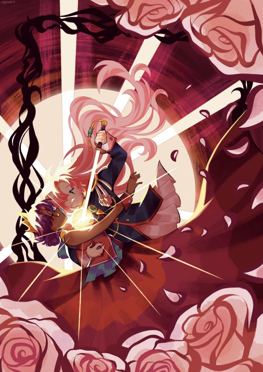 2girls black_jacket commentary dress eggtuna english_commentary falling_petals floating_hair flower highres himemiya_anthy holding holding_sword holding_weapon human_scabbard jacket long_hair long_sleeves multiple_girls petals pink_flower pink_hair pink_petals pink_rose purple_hair red_background red_dress red_wrist_cuffs rose sekai_wo_kakumei_suru_chikara_wo shoujo_kakumei_utena sleeveless sleeveless_dress sword sword_of_dios tenjou_utena very_long_hair weapon white_sleeve_cuffs wrist_cuffs