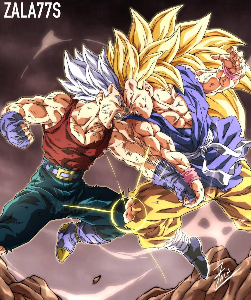 baby_(dragon_ball) baby_vegeta blue_eyes dragon_ball dragon_ball_gt facial_mark gloves grey_hair highres long_hair male_focus multiple_boys muscular muscular_male open_mouth pants pectorals possessed possession saiyan son_goku spiked_hair super_saiyan super_saiyan_3 toei_animation veiny_face white_hair zala77s