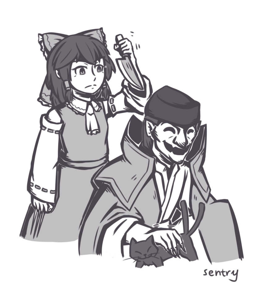 1boy 1girl ascot between_fingers bow capelet commentary detached_sleeves english_commentary fangs fortune_teller_(touhou) frown greyscale hair_bow hair_tubes hakurei_reimu hat highres holding holding_knife holding_weapon hollow_eyes imminent_hit japanese_clothes knife looking_down medium_hair monochrome motion_lines multiple_tails nekomata nontraditional_miko petting pointy_ears ribbon-trimmed_sleeves ribbon_trim sentry24 shirt sidelocks simple_background sketch skirt sleeveless sleeveless_shirt smile tail touhou two_tails weapon white_background wide_sleeves