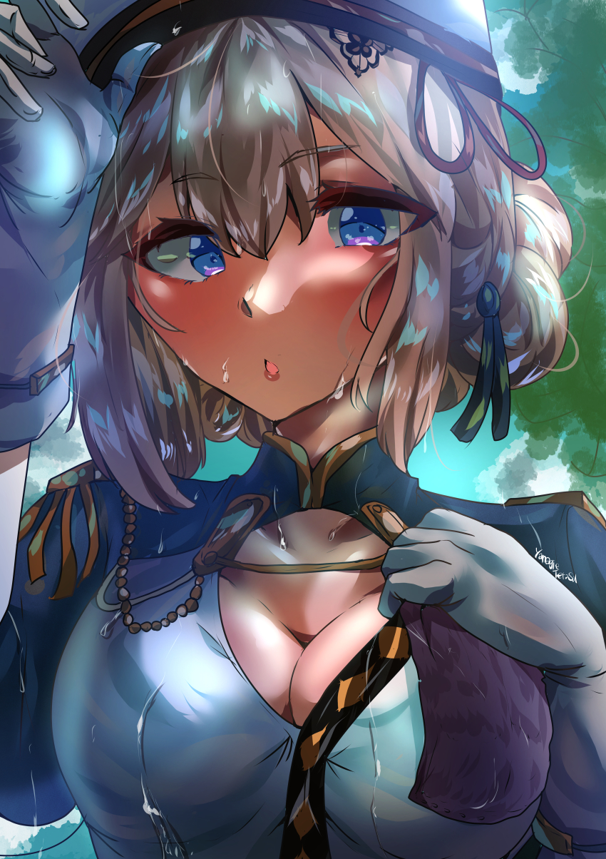 1girl absurdres alternate_breast_size artist_name azur_lane blue_eyes blue_jacket breasts cleavage gloves grey_hair hair_between_eyes hardy_(azur_lane) highres jacket large_breasts looking_at_viewer solo sweat sweatdrop upper_body white_gloves yanagie-terasu