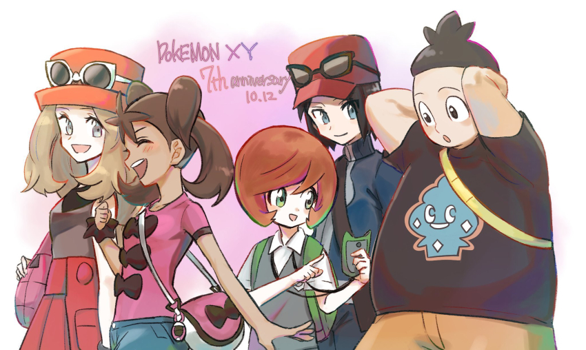 2girls 3boys :d :o anniversary arms_behind_head bag brown_hair calem_(pokemon) closed_eyes closed_mouth collared_shirt commentary_request copyright_name dated eyelashes eyewear_on_headwear green_eyes grey_eyes hat highres holding jacket looking_down multiple_boys multiple_girls nintendo open_mouth pleated_skirt pokemon pokemon_xy print_shirt red_hat red_skirt serena_(pokemon) shauna_(pokemon) shirt short_sleeves shorts skirt sleeveless sleeveless_shirt smile sunglasses t-shirt teeth tierno_(pokemon) trevor_(pokemon) upper_teeth_only vest watta02614129