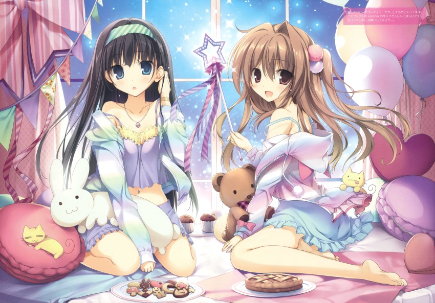 2girls :d ;) absurdres aomi_maika_(karory) balloon barefoot blue_hair bow bra breasts camisole checkerboard_cookie collarbone cookie floating_hair food food-themed_ornament frilled_bra frills gingerbread_man green_bow green_bra green_eyes hair_bow heart heart-shaped_pillow highres hug huge_filesize jacket karory long_hair macaron medium_breasts multiple_girls one_eye_closed open_clothes open_jacket open_mouth original pie pillow pink_hair purple_bow purple_legwear red_eyes short_shorts shorts small_breasts smile strap_slip string_of_flags sumako_(ultra_super_anime_time) supika_(ultra_super_anime_time) thighhighs tsukiishi_koyuki_(karory) twintails ultra_super_anime_time underwear very_long_hair white_bra white_jacket white_shorts yellow_bow