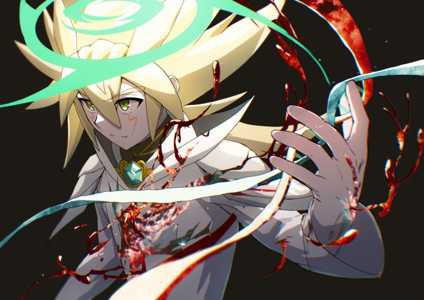 1boy antenna_hair armor atltax_00 black_background blonde_hair element_bending energy facial_mark facing_to_the_side gem green_eyes green_gemstone green_halo halo hand_up highres jacket kuaidul_velgear looking_to_the_side male_focus outstretched_arm paint_splatter popped_collar shirt shoulder_armor spiked_hair star_(sky) water white_armor white_jacket white_shirt wind yu-gi-oh! yu-gi-oh!_go_rush!!