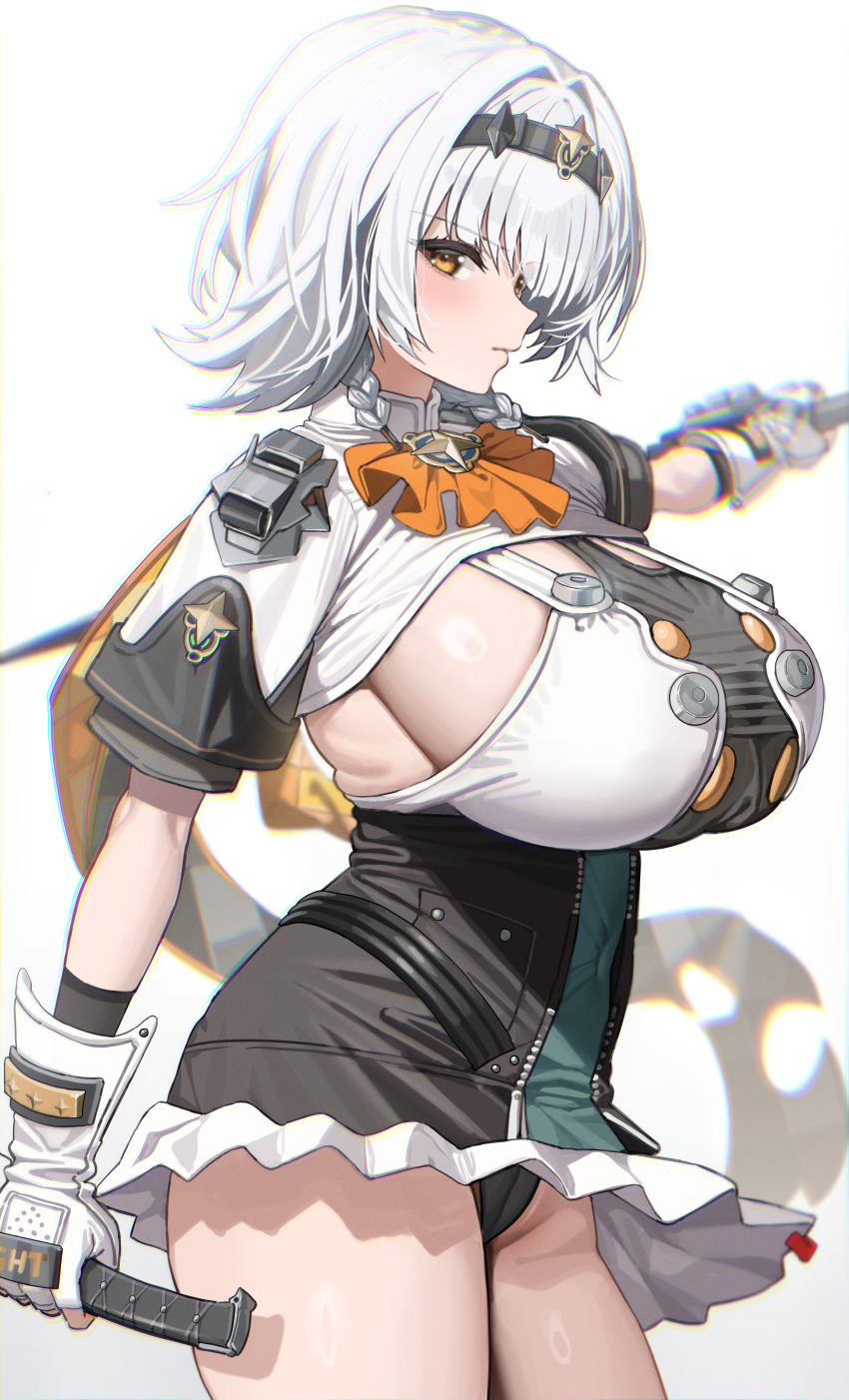 1girl absurdres alternate_breast_size anby_demara anby_demara_(silver_soldier) black_panties black_skirt breasts brown_eyes closed_mouth commentary_request cowboy_shot fingerless_gloves gloves hair_intakes hand_up high-waist_skirt highres holding holding_sword holding_weapon huge_breasts looking_at_viewer official_alternate_costume official_alternate_hairstyle panties ramanda short_hair short_sleeves shrug_(clothing) sideboob simple_background skirt solo sword thighs underwear weapon white_background white_gloves white_hair white_shrug zenless_zone_zero