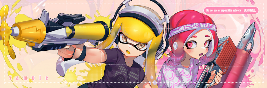 2girls blonde_hair blunt_bangs blush clothes_writing colored_tongue commentary drill_hair firing flingza_roller_(splatoon) grey_eyes headband headphones highres holding holding_weapon inkling inkling_girl inkling_player_character jinkoika long_hair looking_at_another medium_hair multiple_girls nintendo octoling octoling_girl octoling_player_character open_mouth outstretched_arm parted_bangs pink_eyes pink_hair print_shirt purple_shirt sample_watermark shirt short_sleeves smiley_print splatoon_(series) splatoon_3 splattershot_pro_(splatoon) suction_cups sweatband symbol-only_commentary tentacle_hair upper_body watermark weapon white_headband white_shirt yellow_tongue