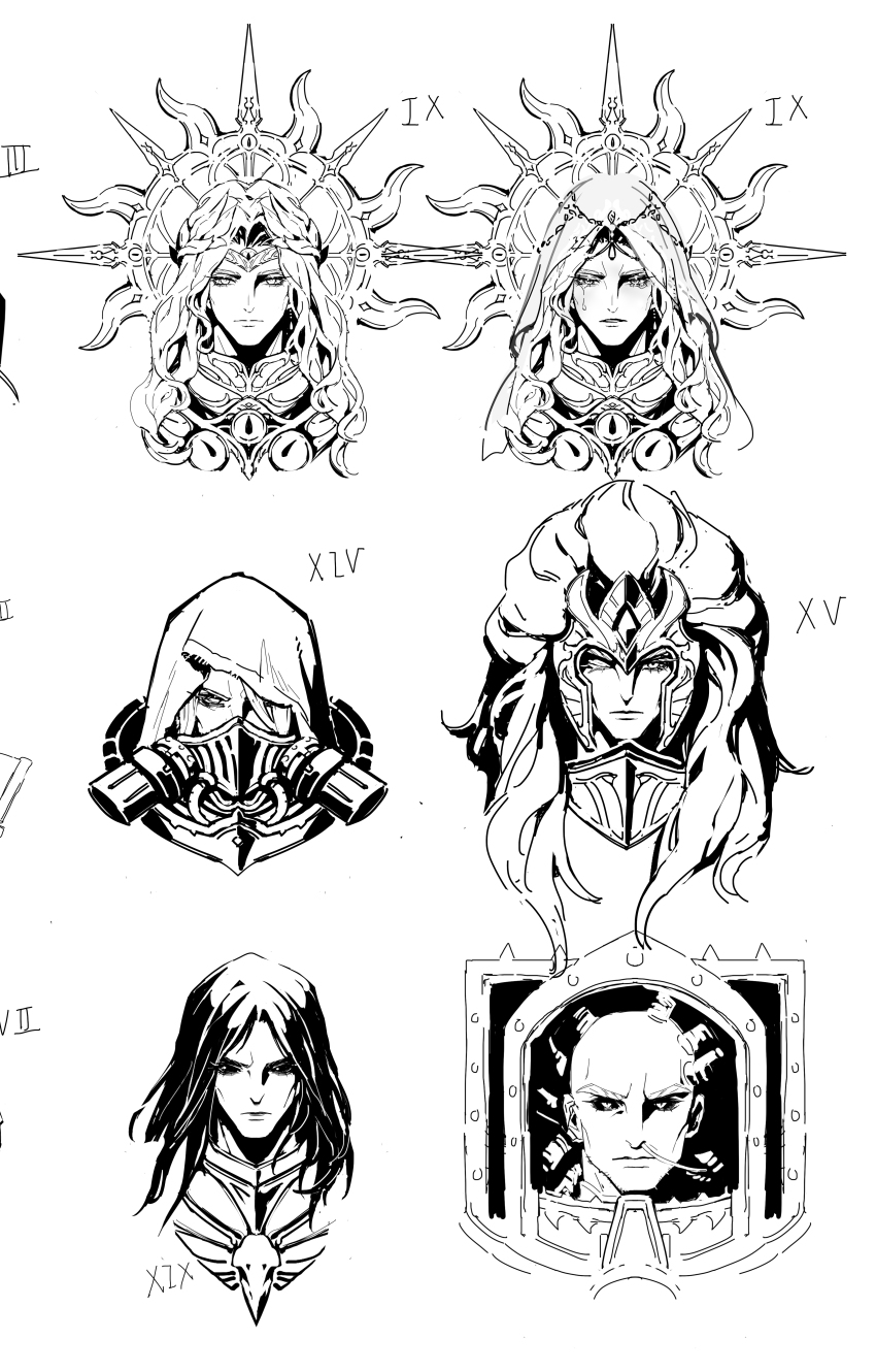 6+boys absurdres animal_skull animal_skull_ornament armor bald bird_skull black_armor black_hair black_legion blood_angels commentary corvus_corax_(warhammer) crown_of_the_crimson_king crying crying_with_eyes_open death_guard english_commentary highres hood horus_lupercal konrad_curze long_hair magnus_the_red male_focus mask medium_hair monochrome mortarion multiple_boys power_armor primarch raven_guard rebreather regalia_resplendent respirator roman_numeral roroco316 sanguinius simple_background tears the_barbaran_plate the_sable_armor the_serpent&#039;s_scales_(warhammer) thousand_sons warhammer_40k white_background