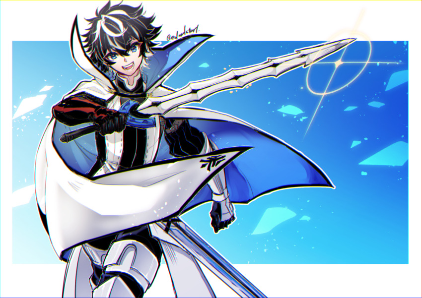 1boy arm_belt armor black_hair blue_background blue_eyes cape charlemagne_(fate) charlemagne_(first_ascension)_(fate) cowboy_shot fate/grand_order fate_(series) gauntlets gleam gradient_background greaves haoro high_collar holding holding_sword holding_weapon light_particles male_focus multicolored_hair open_mouth scabbard sheath short_hair signature single_gauntlet smile solo streaked_hair sword teeth two-sided_cape two-sided_fabric two-tone_hair weapon white_cape white_hair