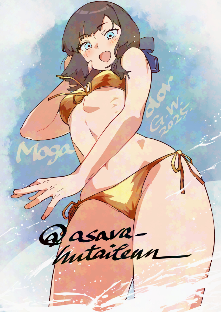 1girl adversarial_noise asava_(hutaitenn) bikini black_hair blue_background blue_ribbon breasts character_name cowboy_shot from_below front-tie_bikini_top front-tie_top gold_bikini golden_week green_eyes hair_ribbon highres kantai_collection long_hair medium_breasts mogador_(kancolle) ribbon side-tie_bikini_bottom solo standing swimsuit twitter_username