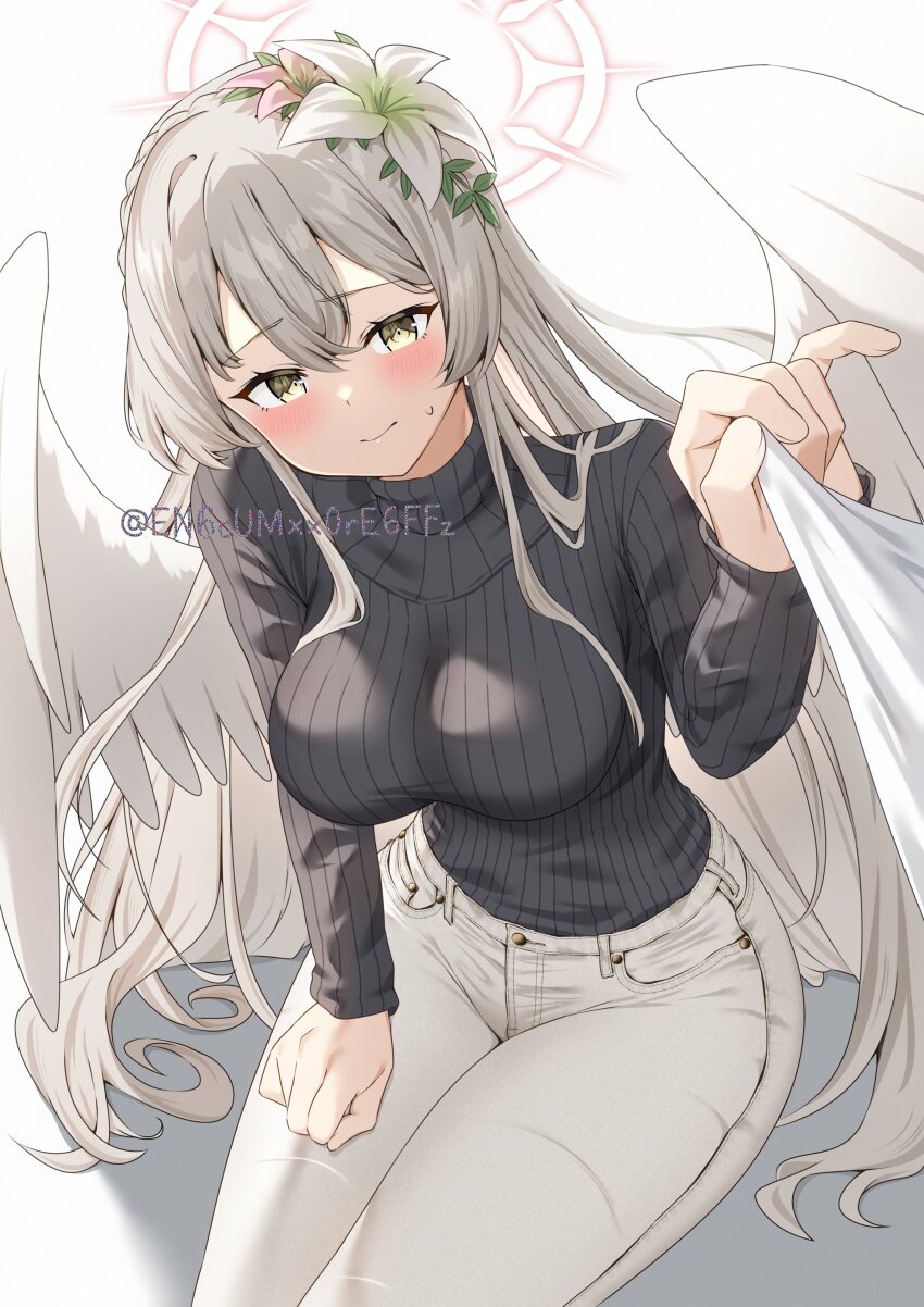 1girl absurdres alternate_costume angel_wings black_sweater blue_archive blush braid breasts brown_hair casual clenched_hand closed_mouth commentary cowboy_shot crown_braid denim feathered_wings flower furrowed_brow hair_between_eyes hair_flower hair_ornament halo hand_on_own_thigh hand_up highres jeans large_breasts legs_together light_smile long_hair long_sleeves looking_at_viewer low_wings nagisa_(blue_archive) on_floor pants pink_flower pink_halo ribbed_sweater shadow simple_background sitting sleeve_pull solo sweatdrop sweater sweater_tucked_in turtleneck turtleneck_sweater twitter_username very_long_hair white_background white_flower white_pants white_wings wings yamano_rokamizu
