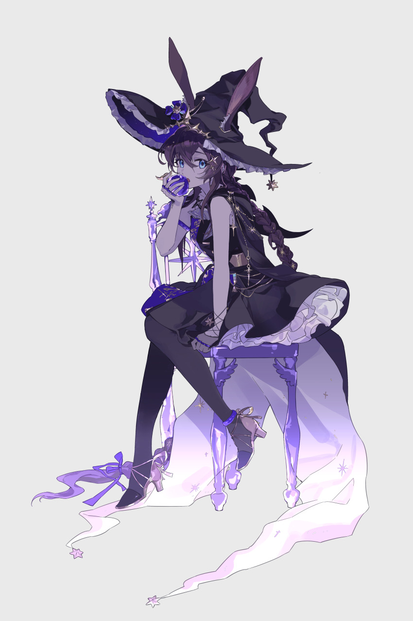 1girl absurdres ambience_synesthesia amiya_(arknights) amiya_(medic)_(arknights) amiya_(medic)_(solo_around_the_world)_(arknights) animal_ears arknights black_dress black_pantyhose blue_eyes braid brown_hair chair dress ears_through_headwear eating food fruit full_body gloves hair_between_eyes hat high_heels highres holding holding_food jewelry kesou_yaoshui_er long_hair looking_at_viewer on_chair pantyhose rabbit_ears rabbit_girl ring simple_background sitting sleeveless sleeveless_dress solo white_background witch witch_hat