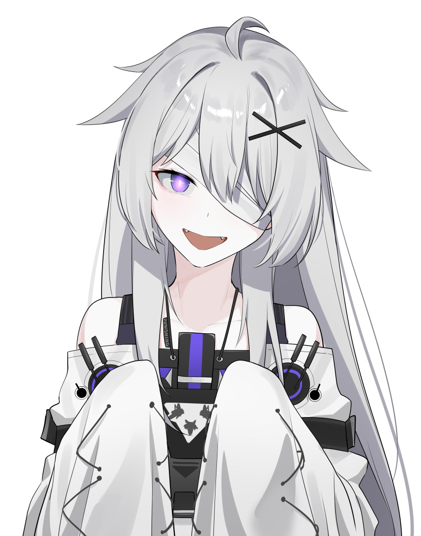 1girl absurdres aurilia_(user_8748) bandage_over_one_eye evil_smile fang glowing glowing_eye grey_hair hair_between_eyes hair_intakes hair_ornament hair_over_shoulder highres long_hair looking_at_viewer no._21:_xxi_(pgr) no._21_(pgr) open_mouth punishing:_gray_raven purple_eyes sidelocks sleeves_past_fingers sleeves_past_wrists smile solo unkempt white_background x_hair_ornament