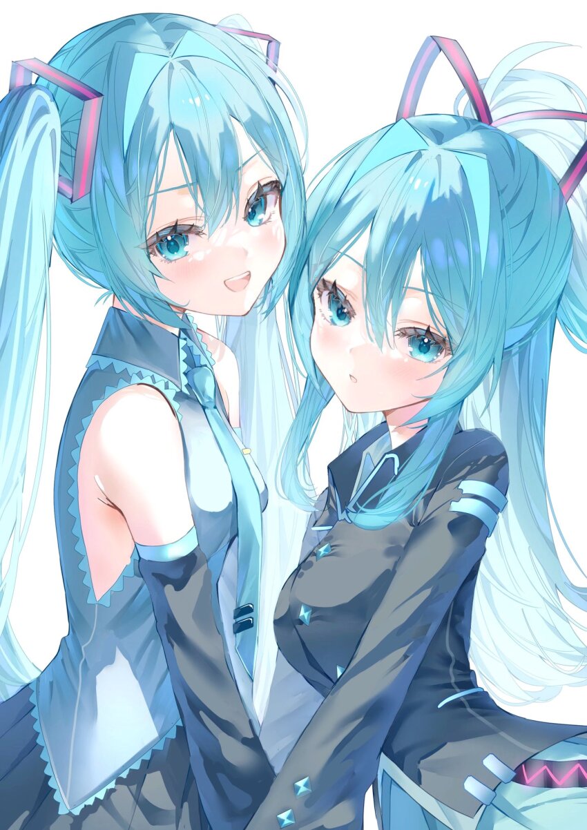 2girls aqua_eyes aqua_hair aqua_necktie aqua_skirt aqua_trim armpit_crease black_jacket black_skirt black_sleeves blush breasts buttons collared_shirt detached_sleeves diamond_button dual_persona frilled_shirt frills grey_shirt hair_between_eyes hashtag-only_commentary hatsune_miku hatsune_miku_(if) highres holding_hands jacket long_hair looking_at_viewer medium_breasts multiple_girls necktie open_mouth parted_lips pleated_skirt ponytail revision shirt sideboob sidelocks simple_background skirt sleeveless sleeveless_shirt small_breasts smile teeth tie_clip twintails untucked_shirt upper_teeth_only very_long_hair vocaloid wasemkn white_background