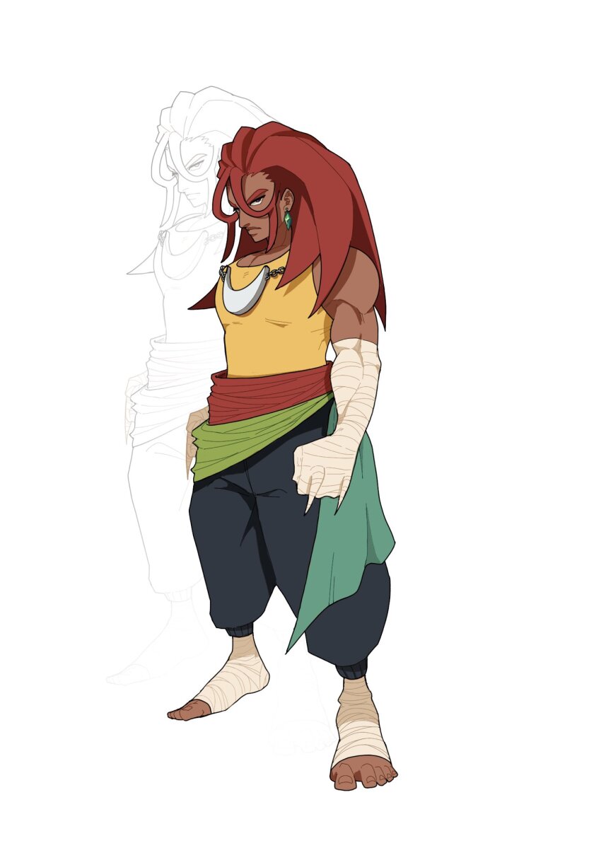 1boy ankle_wrap arm_wrap baggy_pants bare_shoulders chain chain_necklace crystal_earrings earrings expressionless feet frown full_body gem green_gemstone green_sash highres humanization jewelry knuckles_the_echidna leg_wrap long_hair looking_at_viewer male_focus muscular necklace pants purple_eyes red_hair red_sash sash simple_background solo sonic_(series) spiked_knuckles standing tank_top white_background yaaflin yellow_tank_top