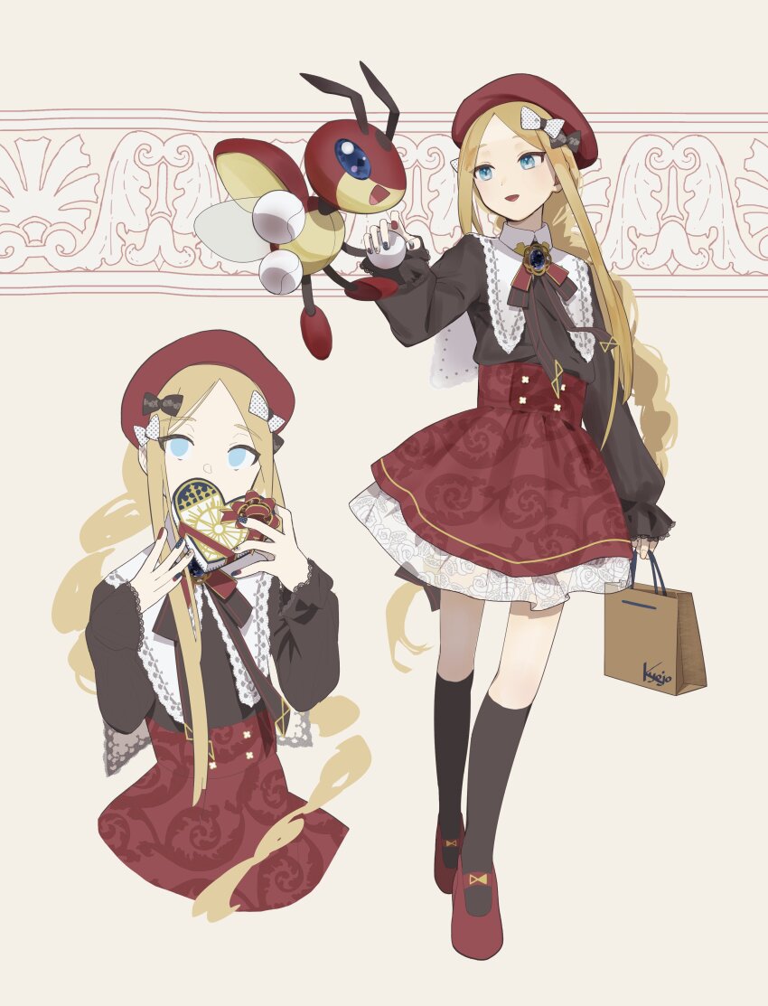 1girl abigail_williams_(fate) absurdres alternate_costume bag beret black_nails black_socks blonde_hair blue_eyes bow box braid braided_ponytail brooch collared_dress crossover dress fate/grand_order fate_(series) full_body gen_2_pokemon gift gift_box hair_bow handbag hat heart-shaped_box highres holding holding_gift jewelry kneehighs kyojo128 ledian long_hair long_sleeves looking_at_another looking_at_viewer multicolored_nails multiple_views nail_polish neck_ribbon nintendo open_mouth pokemon pokemon_(creature) red_nails ribbon sidelocks sketch smile socks two-tone_dress valentine very_long_hair