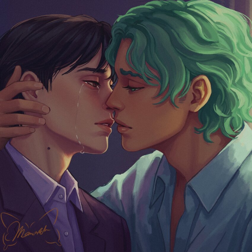 2boys absurdres backlighting baxter_ward blue_shirt brown_eyes brown_hair coat collared_shirt cove_holden crying crying_with_eyes_open green_eyes green_hair hand_on_another&#039;s_head highres imminent_kiss looking_at_another male_focus mole mole_on_neck monarch_chimera multiple_boys open_mouth our_life our_life:_beginnings_and_always parted_lips portrait purple_coat purple_shirt shirt short_hair sideburns tears wavy_hair yaoi
