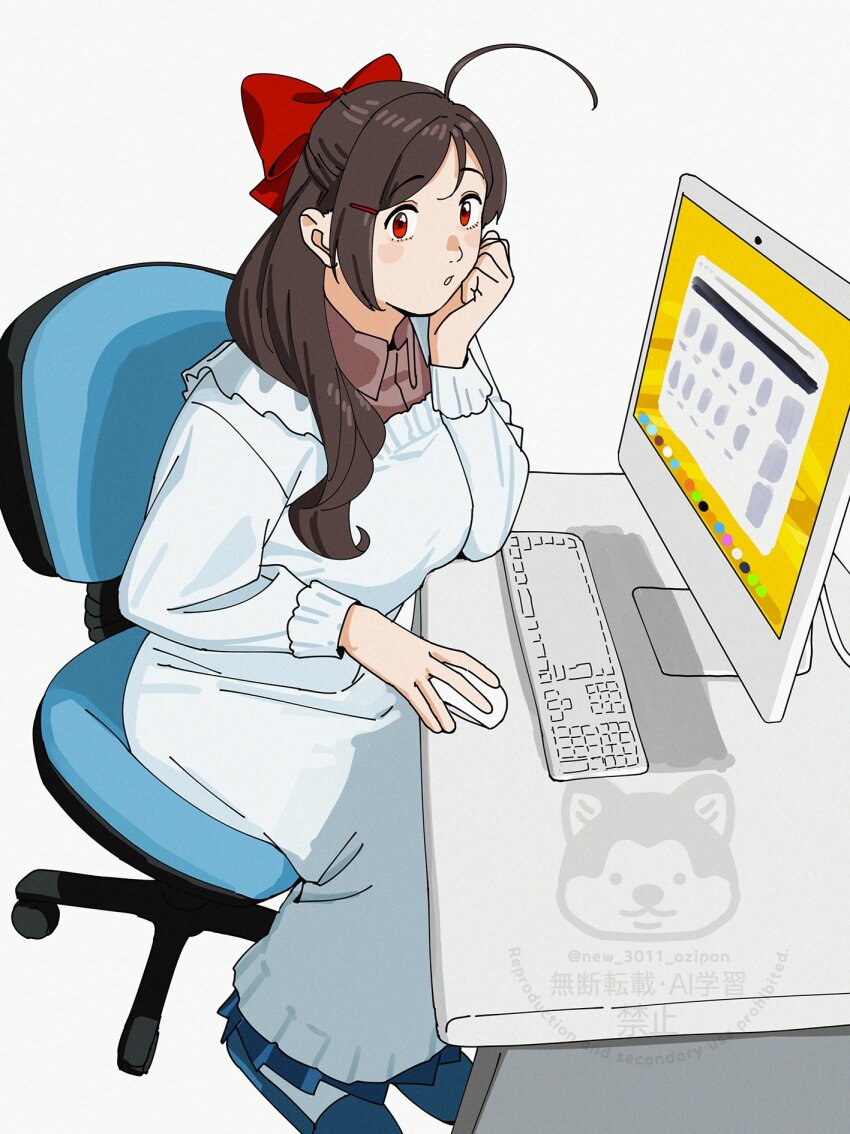 1girl ahoge apron brown_hair brown_shirt collared_shirt computer computer_keyboard desk hair_ribbon highres kantai_collection kappougi long_hair looking_at_viewer mamiya_(kancolle) monitor ojipon red_eyes ribbon shirt simple_background solo watermark white_background