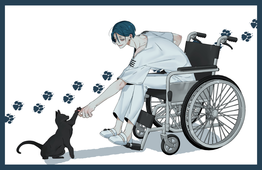 1boy absurdres animal black_cat blue_border blue_hair border cat commentary_request full_body highres leaning_forward maelo male_focus meguriya_ayumu pants paw_print reaching reaching_towards_another shirt shoes short_hair simple_background sitting smile solo toshi_densetsu_kaitai_center wheelchair white_background white_pants white_shirt white_shoes