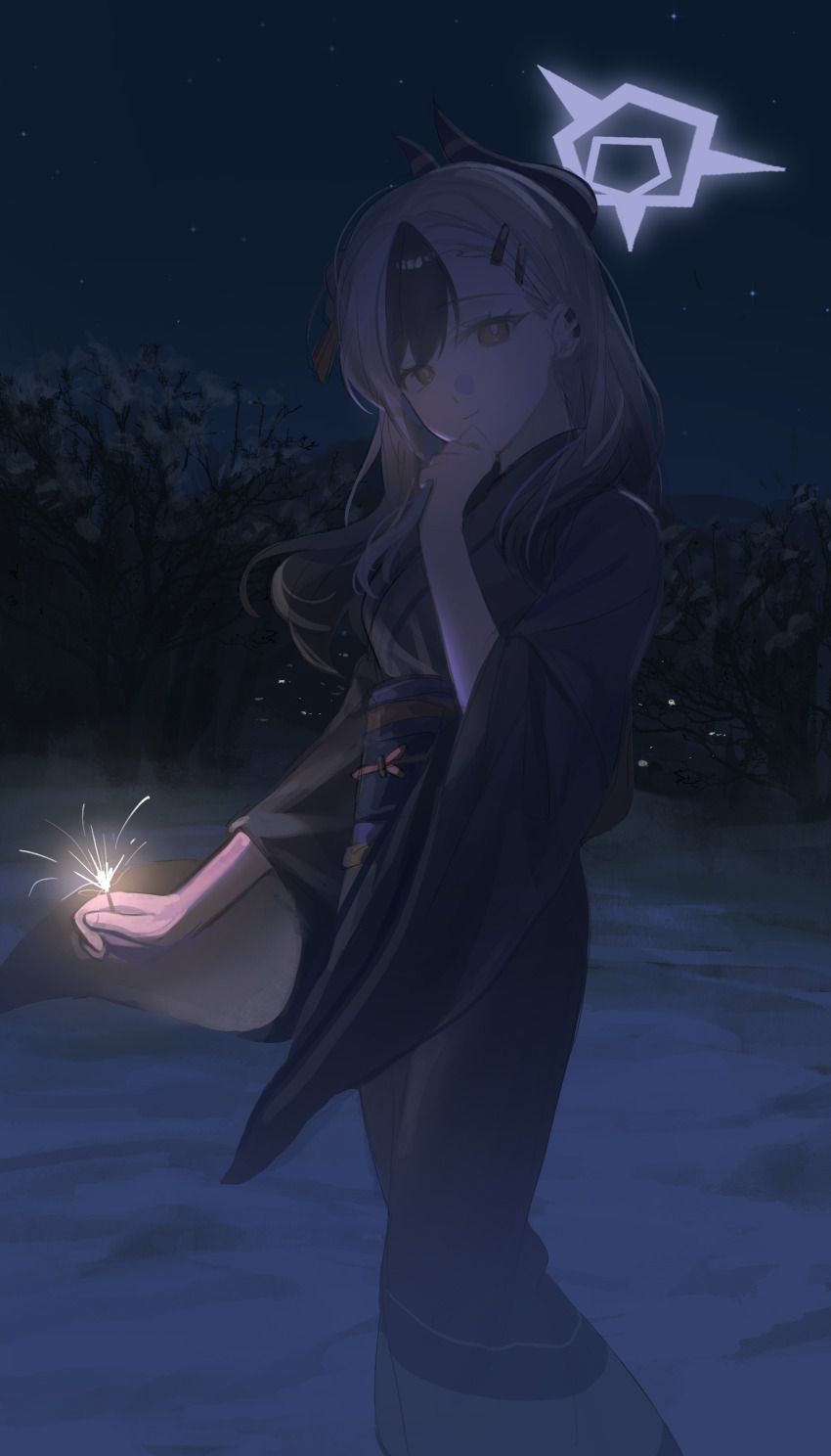 1girl absurdres black_kimono blue_archive closed_mouth demon_girl demon_horns ear_piercing hair_behind_ear hair_between_eyes hand_on_own_chin highres holding holding_fireworks horns japanese_clothes kayoko_(blue_archive) kayoko_(new_year)_(blue_archive) kimono long_hair looking_at_viewer multicolored_hair night night_sky obi piercing purple_sash red_eyes sash sidelocks sky smile snow xianyusixu