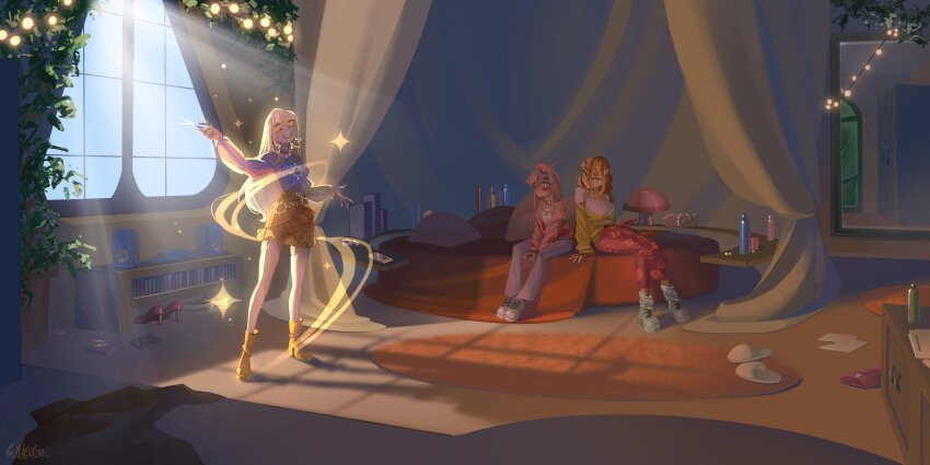 3girls absurdres anklet bare_legs bead_anklet bead_necklace beads beret blonde_hair blue_pants blue_sky blush bookshelf boots bottle bracelet brown_hair carpet closed_eyes commentary curtains dark-skinned_female dark_skin day denim earrings english_commentary eyeshadow flora_(winx_club) floral_print flower flustered frilled_skirt frills full-length_mirror full_body gold_necklace green_eyes green_jacket hair_between_eyes hair_flower hair_ornament hair_over_one_eye hairclip happy hat high-waist_leggings high_heel_boots high_heels highres holding holding_scissors indoors jacket jacket_partially_removed jeans jewelry lace-up_boots large_earrings leggings light_rays long_hair long_hair_between_eyes long_sleeves looking_at_another magic makeup miniskirt mirror multiple_girls necklace on_bed open_mouth orange_boots orange_eyeshadow orange_skirt original outstretched_arms pants paper parted_lips pencil_skirt pillow pink_eyes pink_flower pink_hat pink_jacket pink_leggings pink_shirt platform_boots puffy_long_sleeves puffy_sleeves purple_shirt scissors shirt shoes sidelocks sitting skirt sky slippers smile sneakers sparkle standing star_(symbol) star_earrings stella_(winx_club) straight_hair sun_print sunlight tank_top thick_eyebrows unworn_shoes unworn_slippers very_long_hair wavy_hair white_boots white_shoes white_tank_top wikate window winx_club
