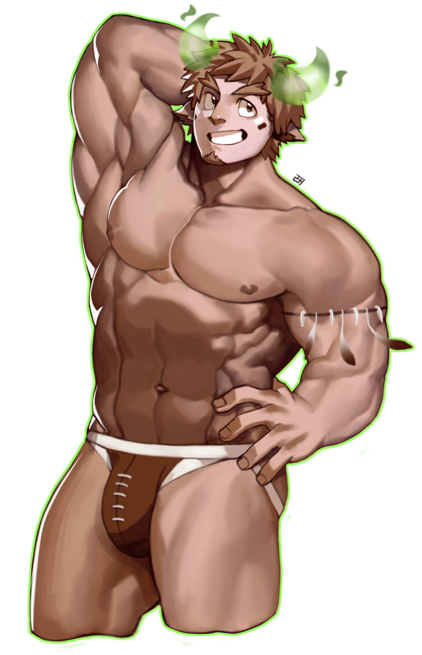 1boy :d abs absurdres animal_ears armpits bara brown_eyes brown_hair brown_male_underwear bulge cow_boy cow_ears cow_horns cropped_legs fiery_horns forked_eyebrows glowing_horns highres horns jockstrap large_pectorals male_focus male_underwear muscular muscular_male navel nipples open_mouth pectorals rugby_underwear short_hair smile solo spiked_hair stomach thick_eyebrows thick_thighs thighs tokyo_houkago_summoners topless_male ttn_(239_239) underwear underwear_only wakan_tanka wakan_tanka_(fashionista_swimsuit)