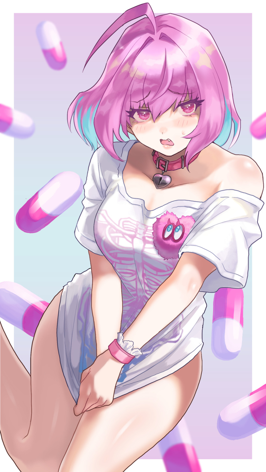 1girl ahoge blue_background blush breasts collar collarbone commentary fang frills gradient_background hair_between_eyes hair_intakes heart-shaped_lock highres idolmaster idolmaster_cinderella_girls looking_at_viewer medium_breasts medium_hair multicolored_hair no_pants open_mouth pill_background pink_background pink_collar pink_eyes pink_hair raised_eyebrows ro_torobo shirt shirt_tug short_sleeves single_bare_shoulder skeleton_print solo thighs two-tone_hair white_shirt yumemi_riamu
