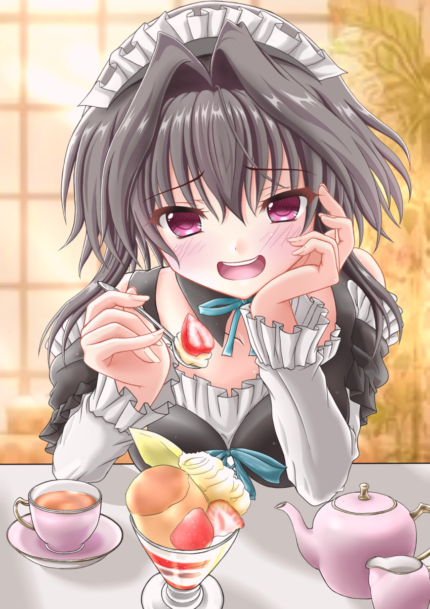 1girl 9-nine- :d alternate_costume blue_ribbon blush commentary cup detached_collar elbows_on_table enmaided eyes_visible_through_hair food frilled_sleeves frills fruit hair_between_eyes hair_intakes hand_on_own_cheek hand_on_own_face hands_up happy highres holding holding_spoon incoming_food indoors leaning_forward long_sleeves looking_at_viewer maid maid_headdress neck_ribbon nineball0211 open_mouth parfait red_eyes ribbon round_teeth smile solo spoon strawberry tea teacup teapot teeth upper_body upper_teeth_only yuuki_noa