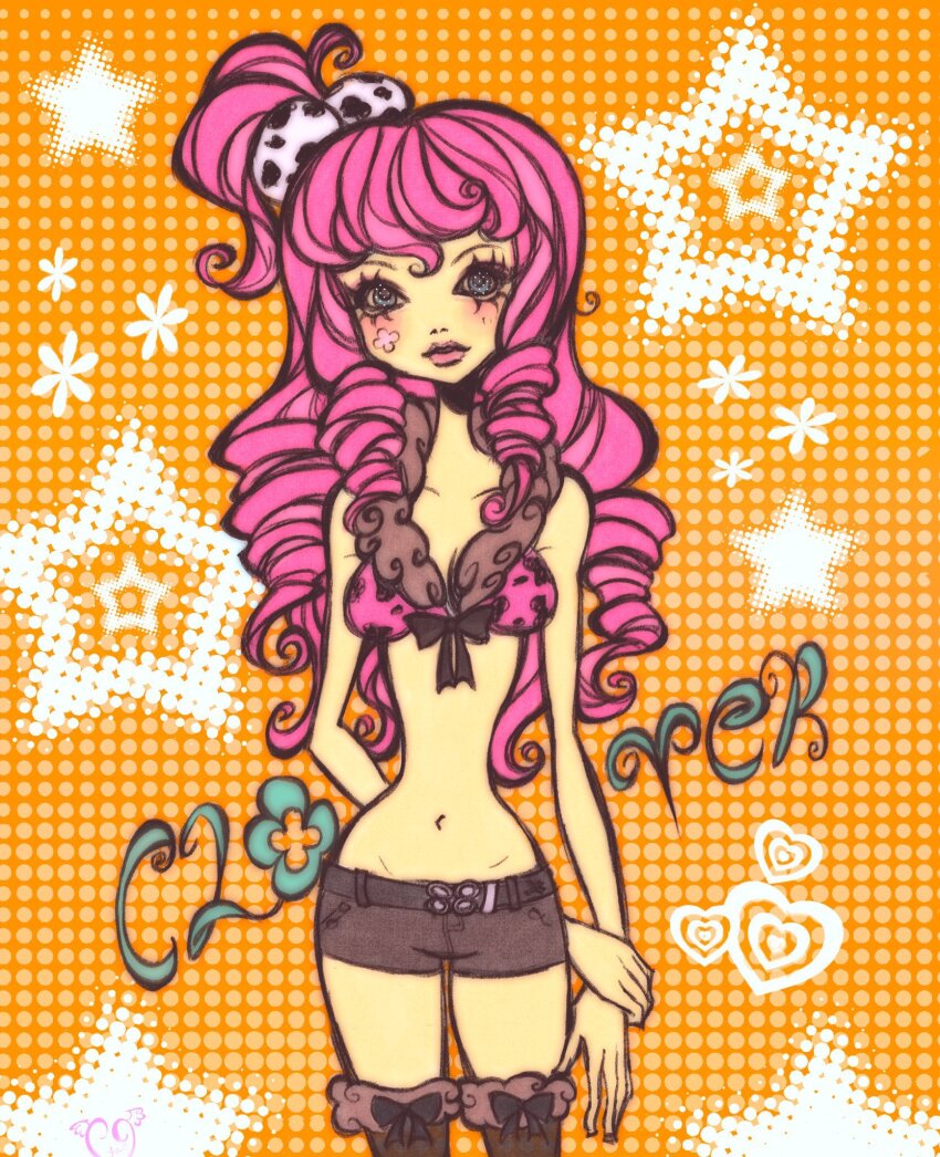 belt blue_eyes blush breasts commentary eyelashes gyaru highres lilitafaery lips long_hair medium_breasts midriff original pale_skin pink_hair shoe_diva_(style) side_ponytail