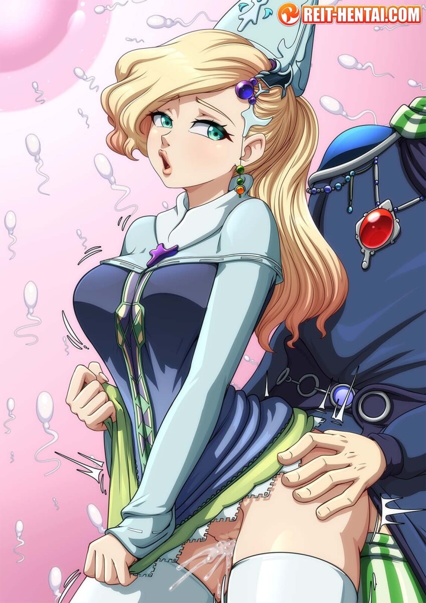 1boy 1girl aqua_eyes blonde_hair breasts clothes_lift commentary cum cum_overflow dress dress_lift english_commentary fertilization final_fantasy final_fantasy_iv final_fantasy_iv:_the_after_years hand_on_another&#039;s_hip head_out_of_frame hetero highres leonora open_mouth ovum palom pussy reit sex sex_from_behind thighhighs